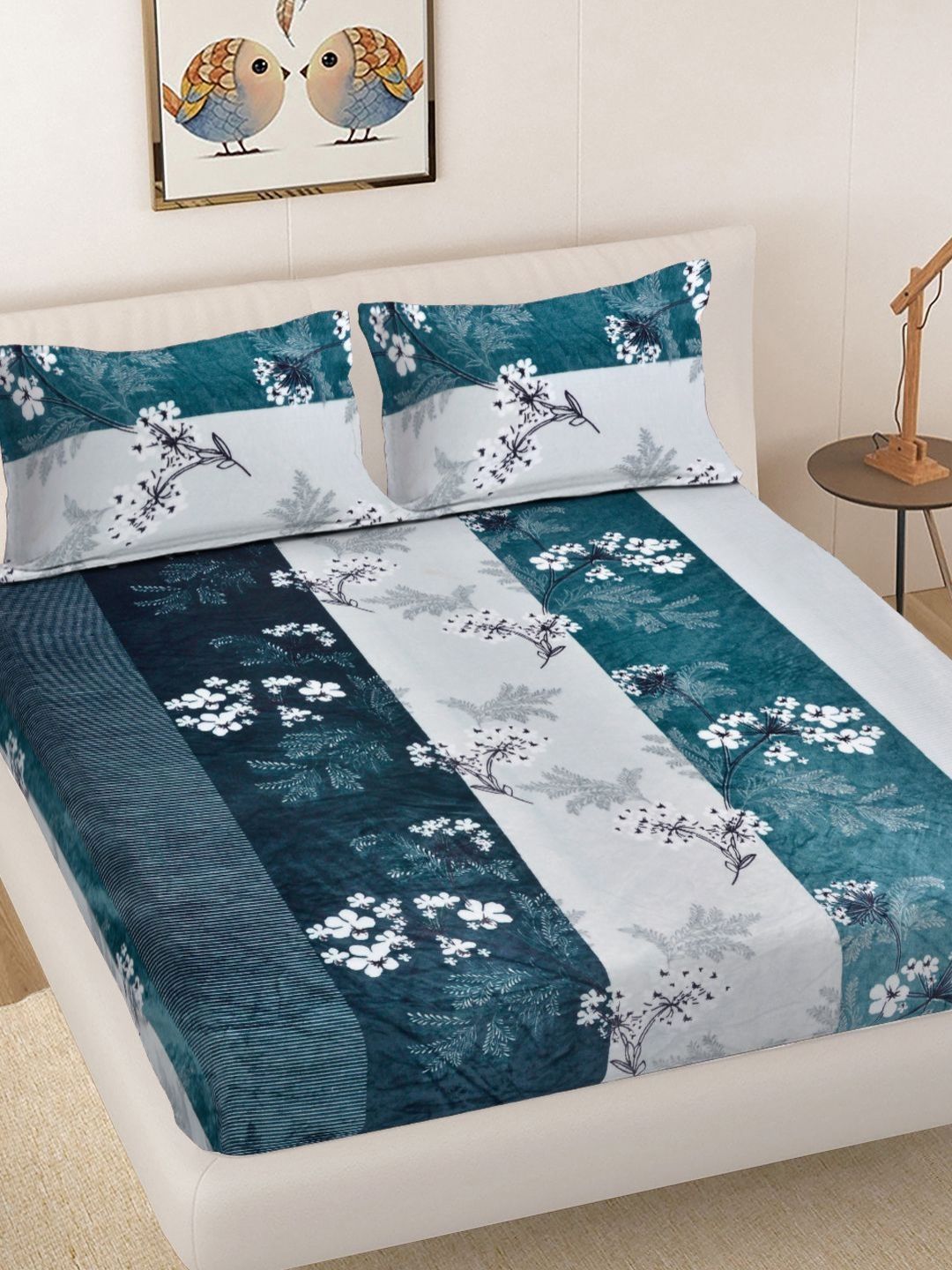 Buy FABINALIV Teal Floral 300 TC King Bedsheet With 2 Pillow Covers -  - Home for Unisex