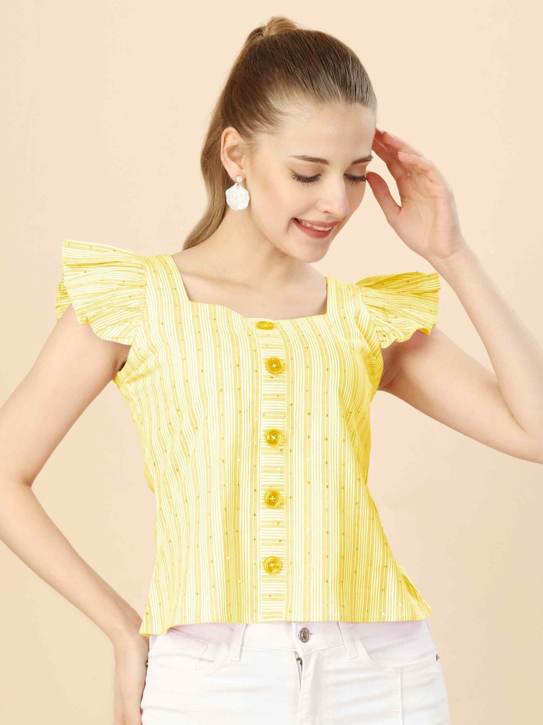YANAMORA Women Striped Square Neck Flutter Sleeves Button-Down Top