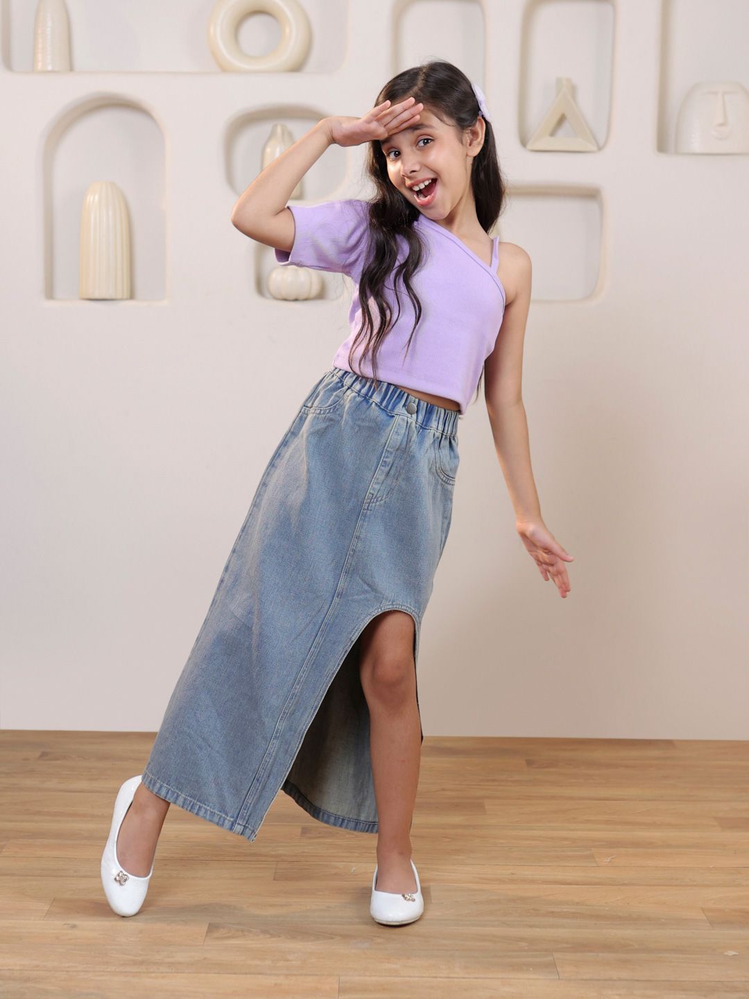 SHORGUL Girls One Shoulder Pure Cotton Crop Top With Denim Slit Skirt