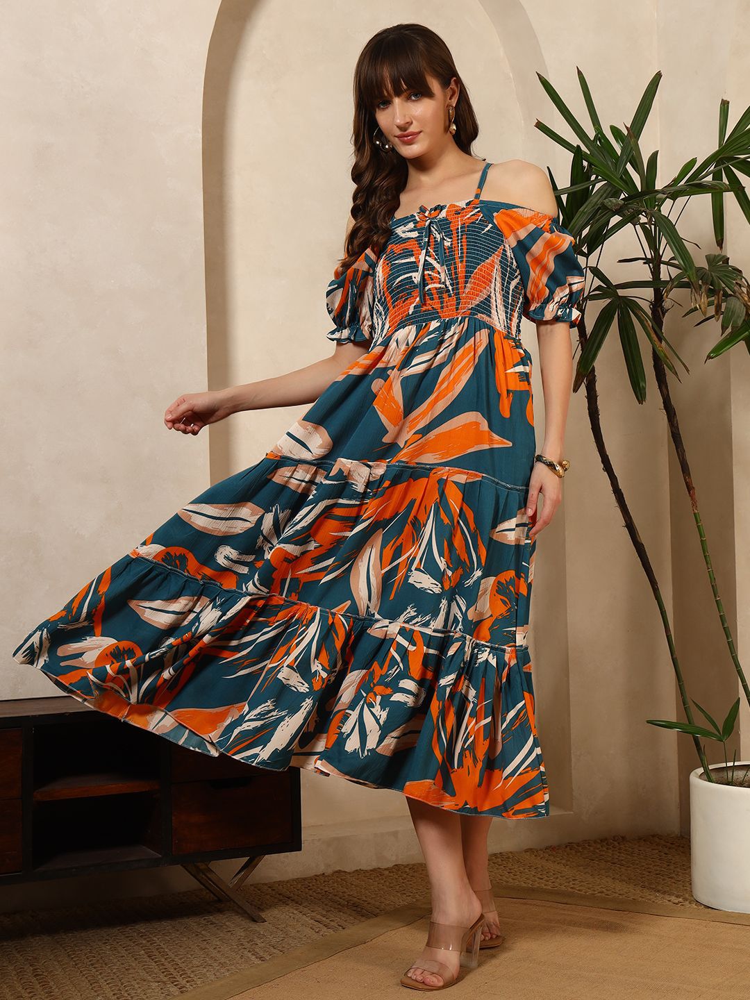 PTVIZE Women Abstract Print Off-Shoulder Puff Sleeve Crepe Midi Dress