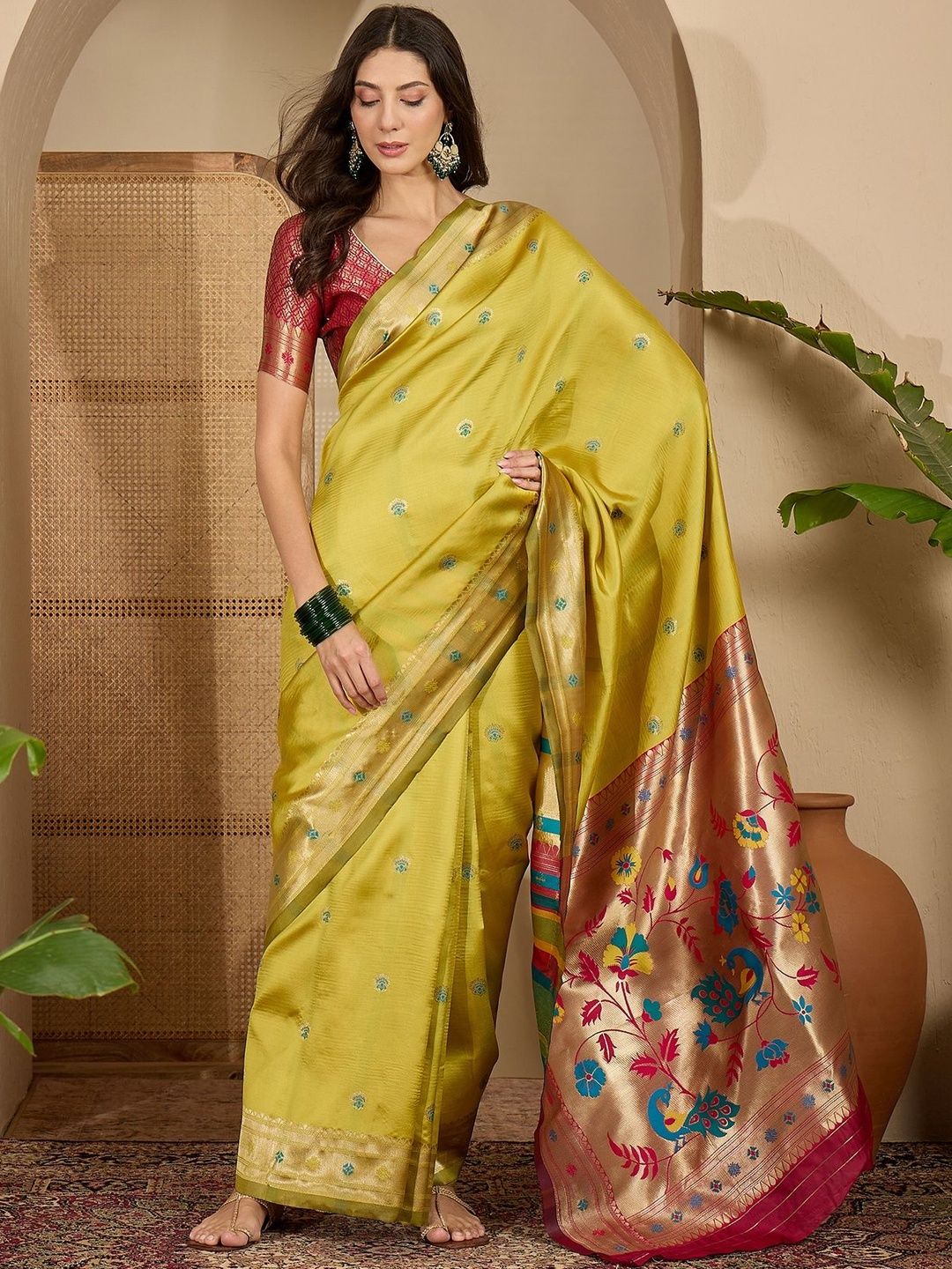 Sangria Ethnic Motifs Zari Silk Blend Heavy Work Paithani Saree