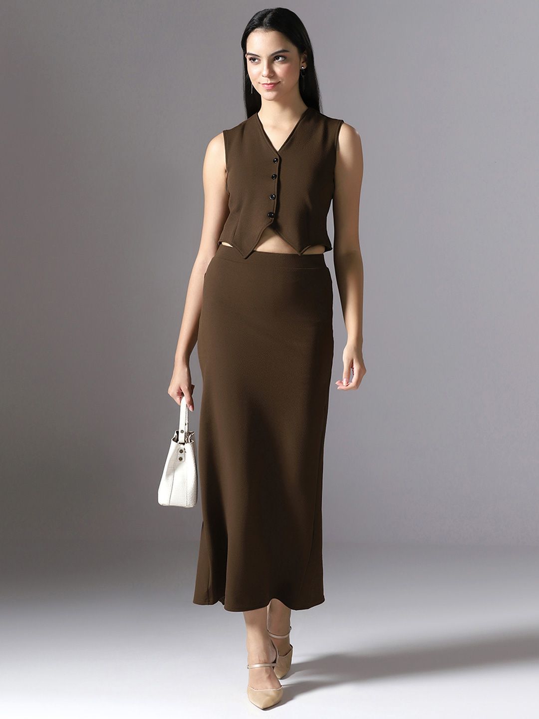 Selvia Edge Timeless Chic V-Neck Cropped Waistcoat With Skirt Co-Ords