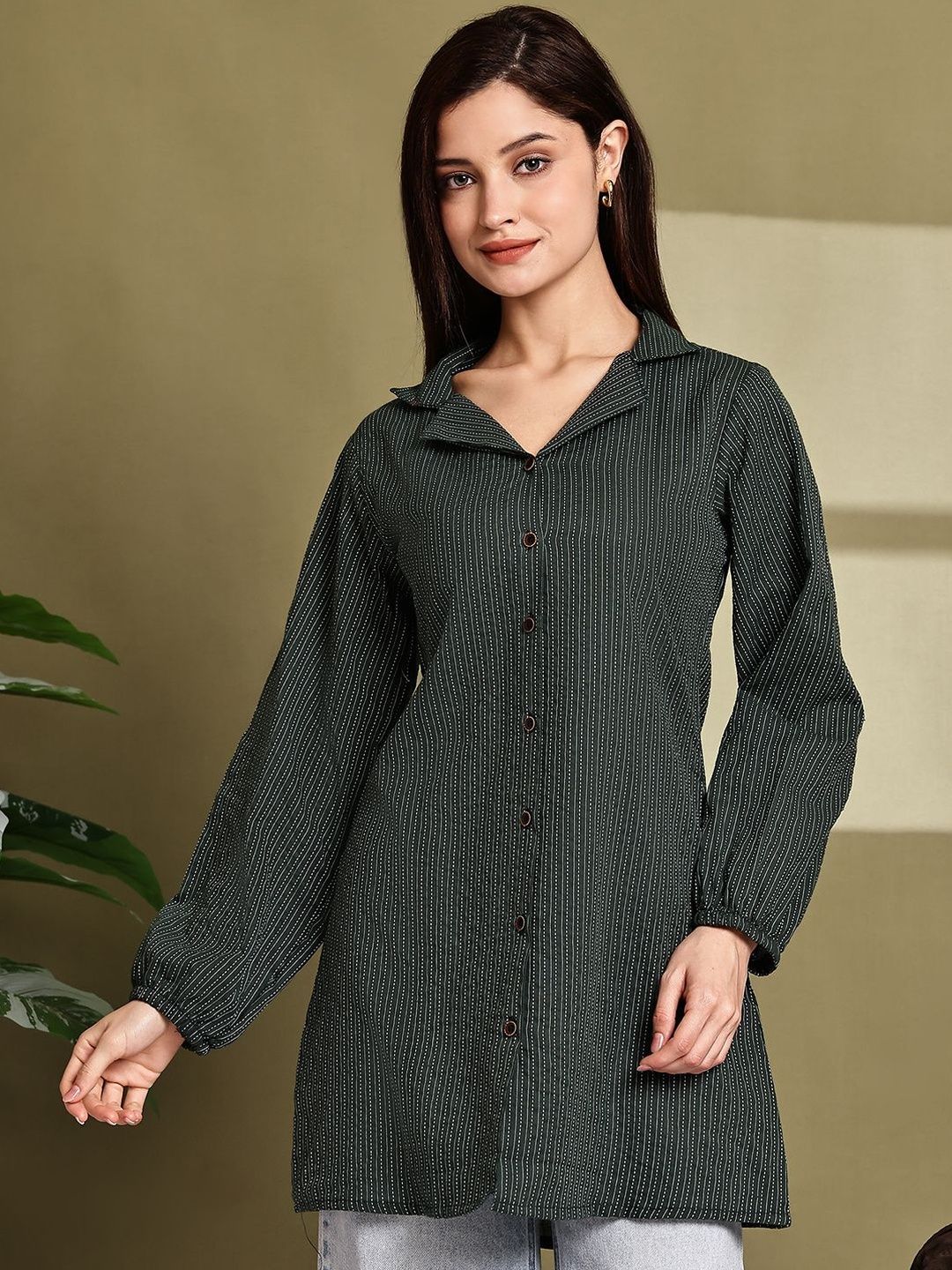 CORSICA Women Green Striped Cotton Casual Shirts
