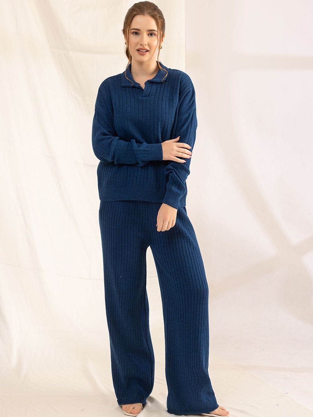 Buy The Roadster Lifestyle Co Self Design Ribbed Knit Sweater & Wide Leg Trousers Co Ords -  - Apparel for Women
