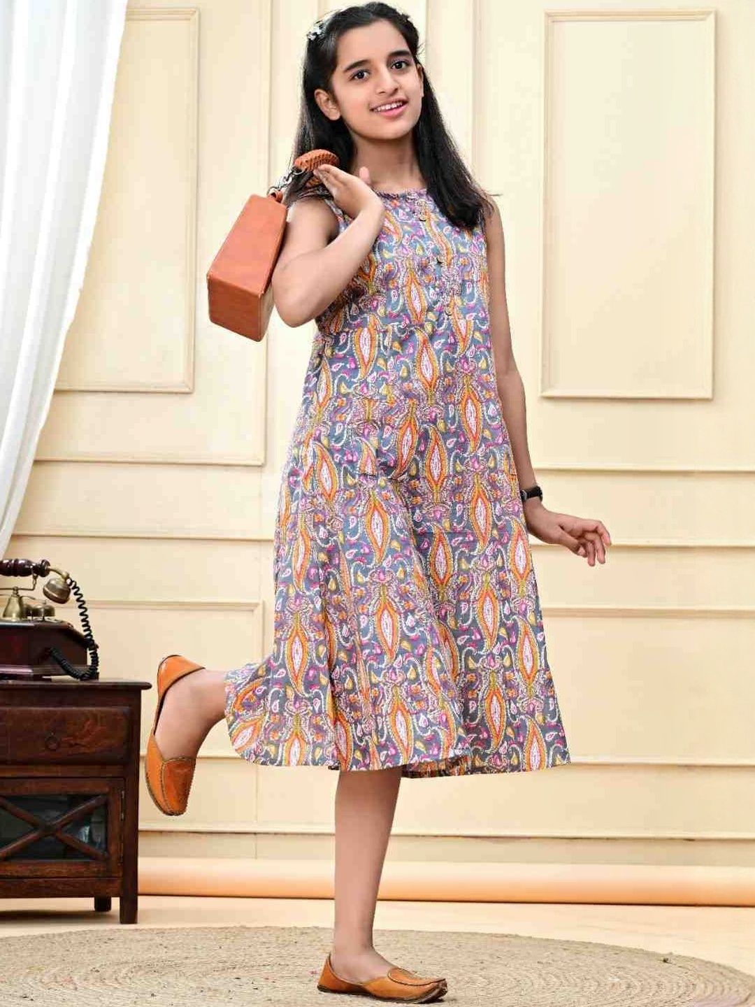 DMP EXPORT Girls Paisley Printed Purple Cotton Dress