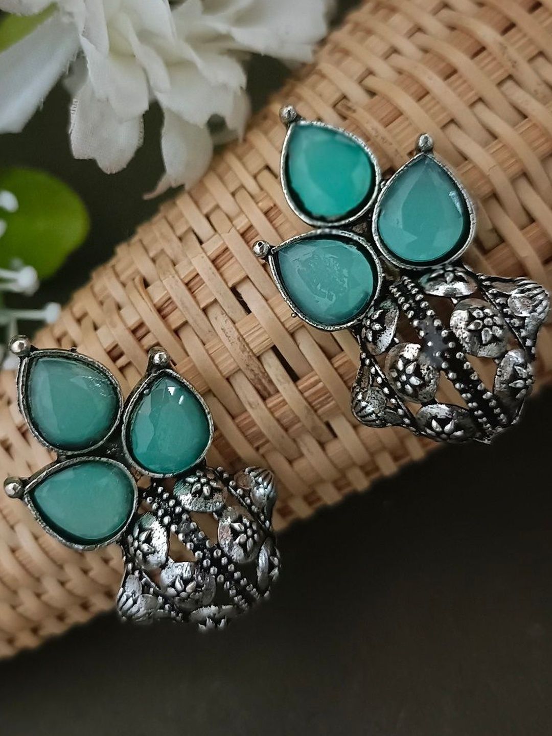 Sanjog German Silver Artificial Stones Studded Oxidised Teardrop Shaped Studs