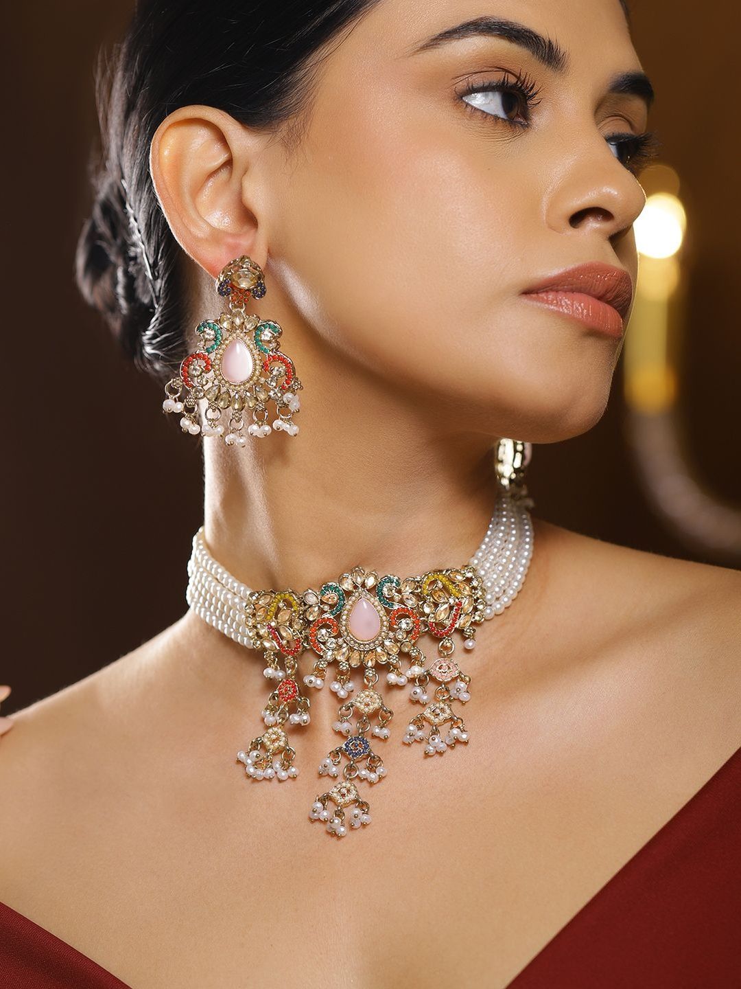 Rubans 22K Gold-Plated Multicolor Zircon Stone Studded & Pearl Beaded Choker Necklace Set