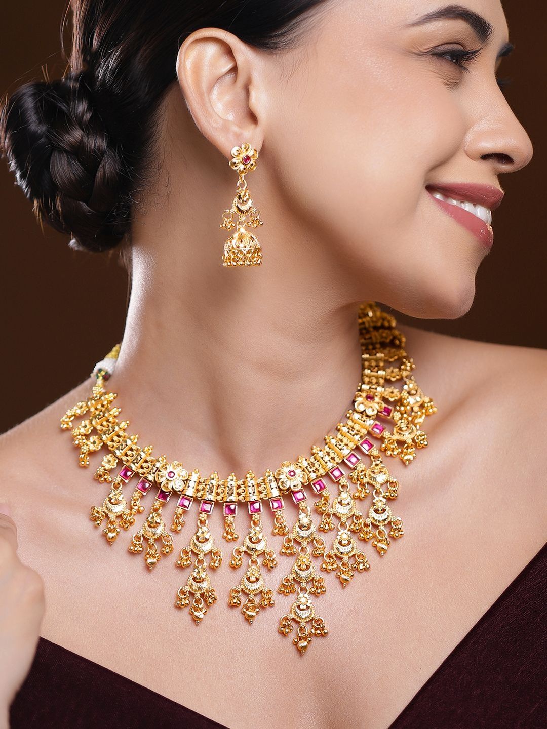 Rubans 22K Gold-Plated Ruby Red Stone & Golden Beads Layerd Floral Motif Jewellery Set