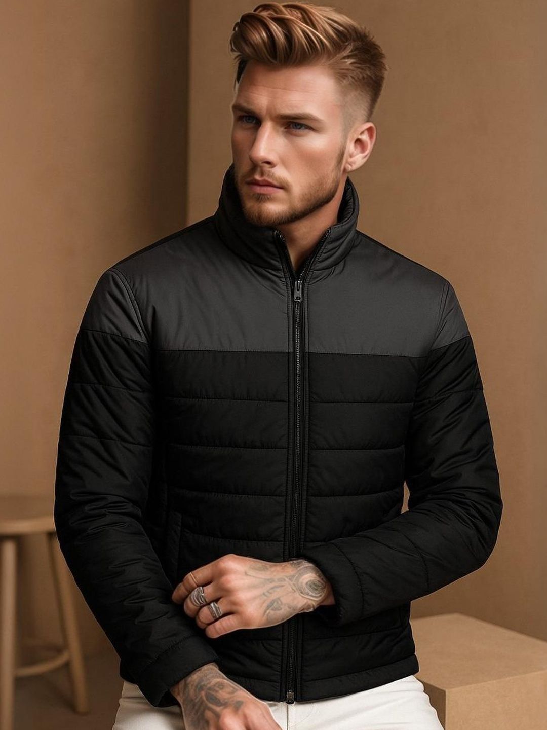 RENUOVO Men Stand Collar Solid Puffer Jacket