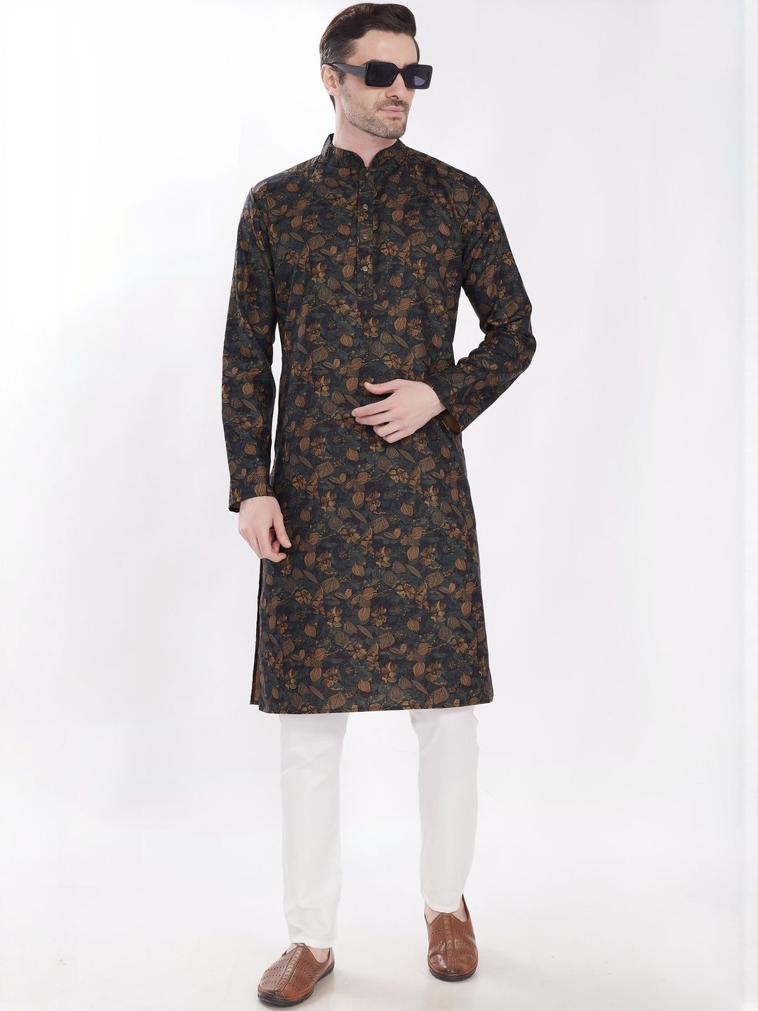 PulseIQ Men Linen Cotton Printed Regular Fit Long Kurta