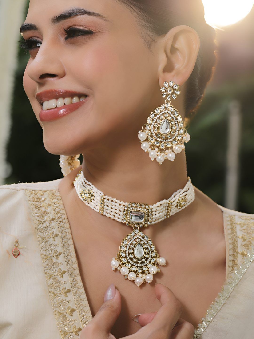 Rubans 22K Gold-Plated Kundan Studded & Pearls Beaded Jewellery Set