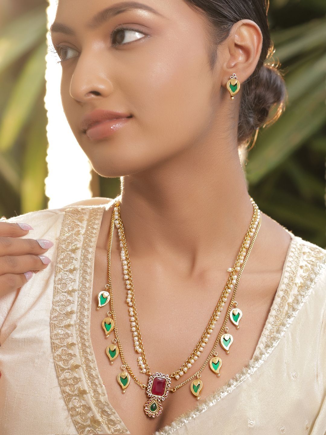 Rubans 22K Gold-Plated Ruby Red Stone & Green Enamel Drop DuoLayer Pearl Bead Necklace Set