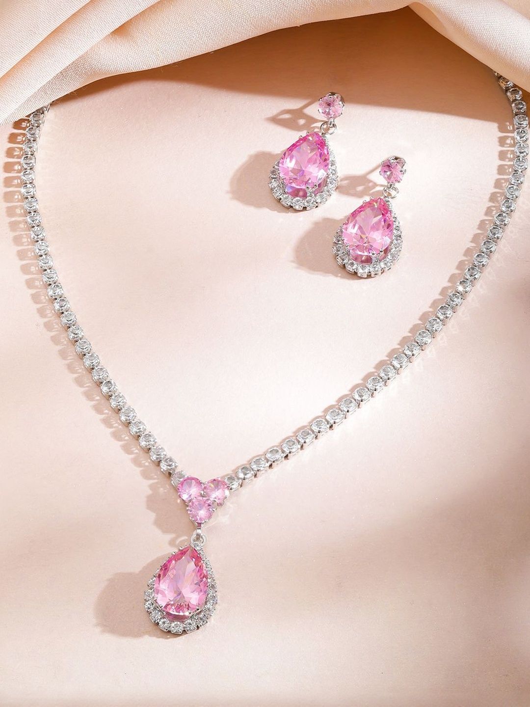 Buy Rubans Rhodium Plated Crystal Pastel Pink Stone & Cubic Zirconia Studded Necklace Set -  - Accessories for Women