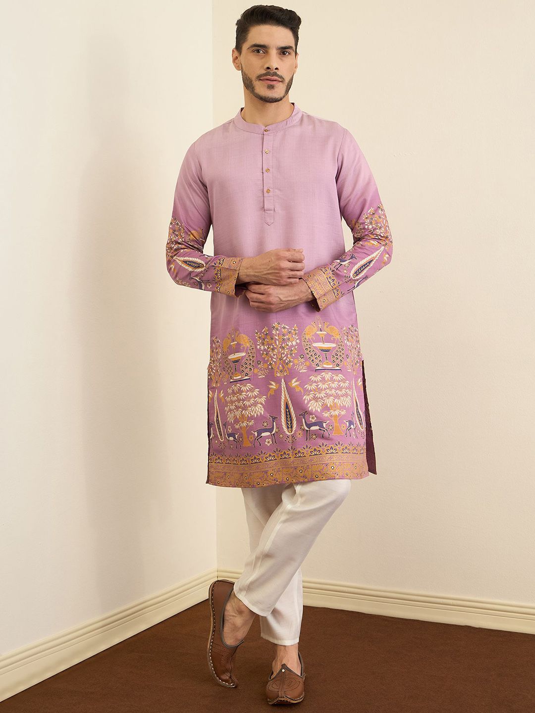 House of Pataudi Men Printed Mandarin Collar Straight Kurta