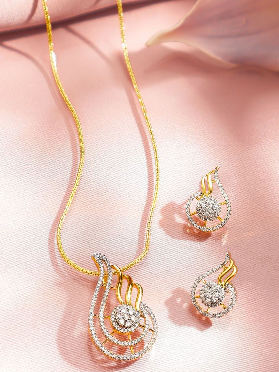 Rubans 22K Gold-Plated White Cubic Zirconia Studded Flame Motif Pendant Necklace Set
