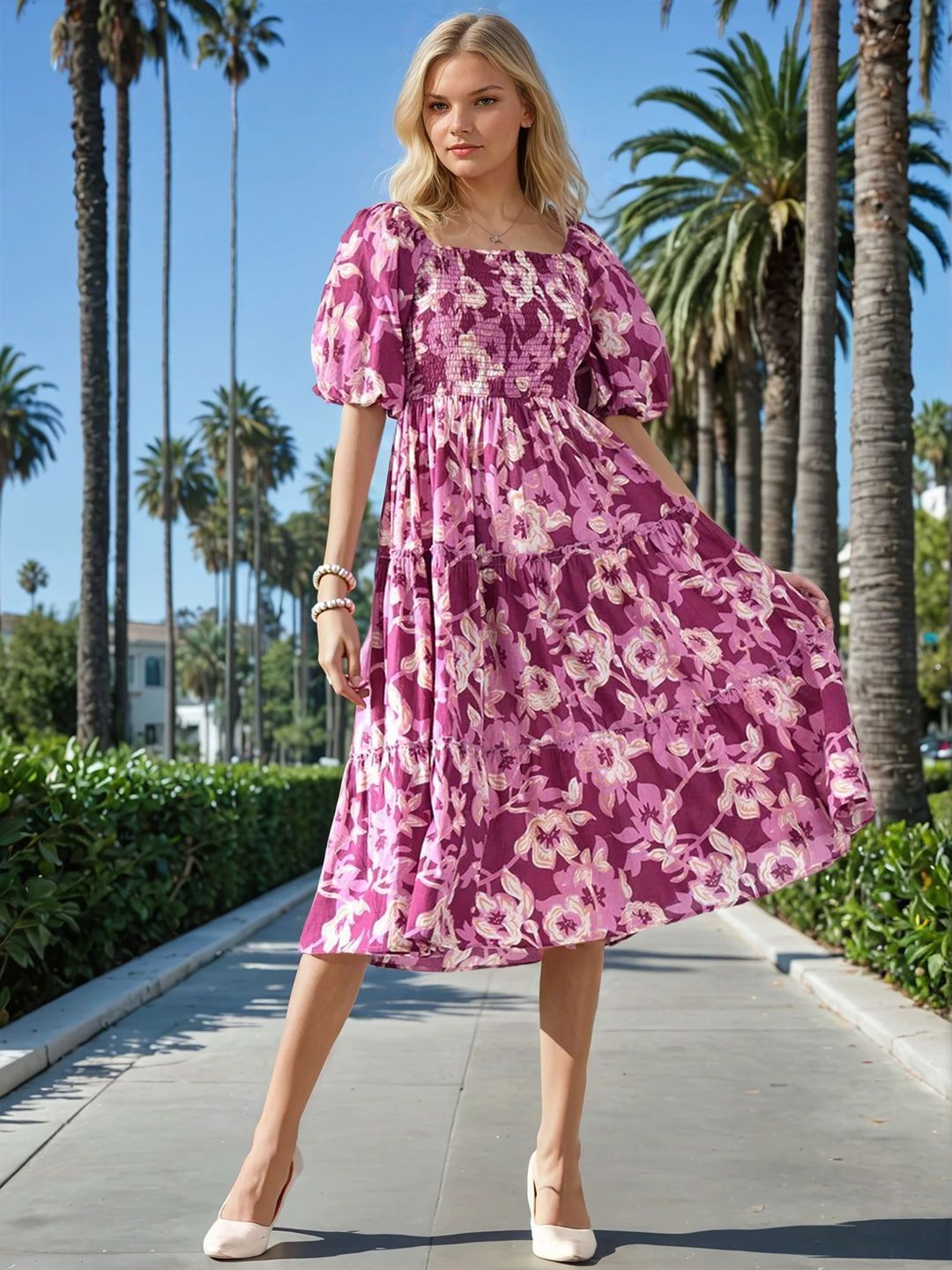 PTVIZE Floral Printed Fit and Flare Smocked Midi Dress