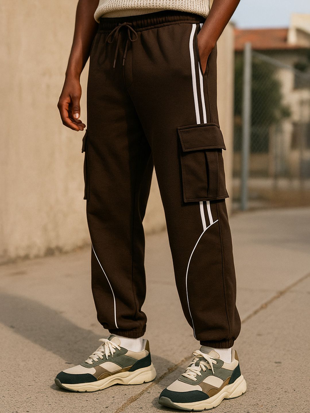 VEIRDO Men Solid Brown Relaxed Fit Mid-Rise Straight Leg Pure Cotton Track Pants