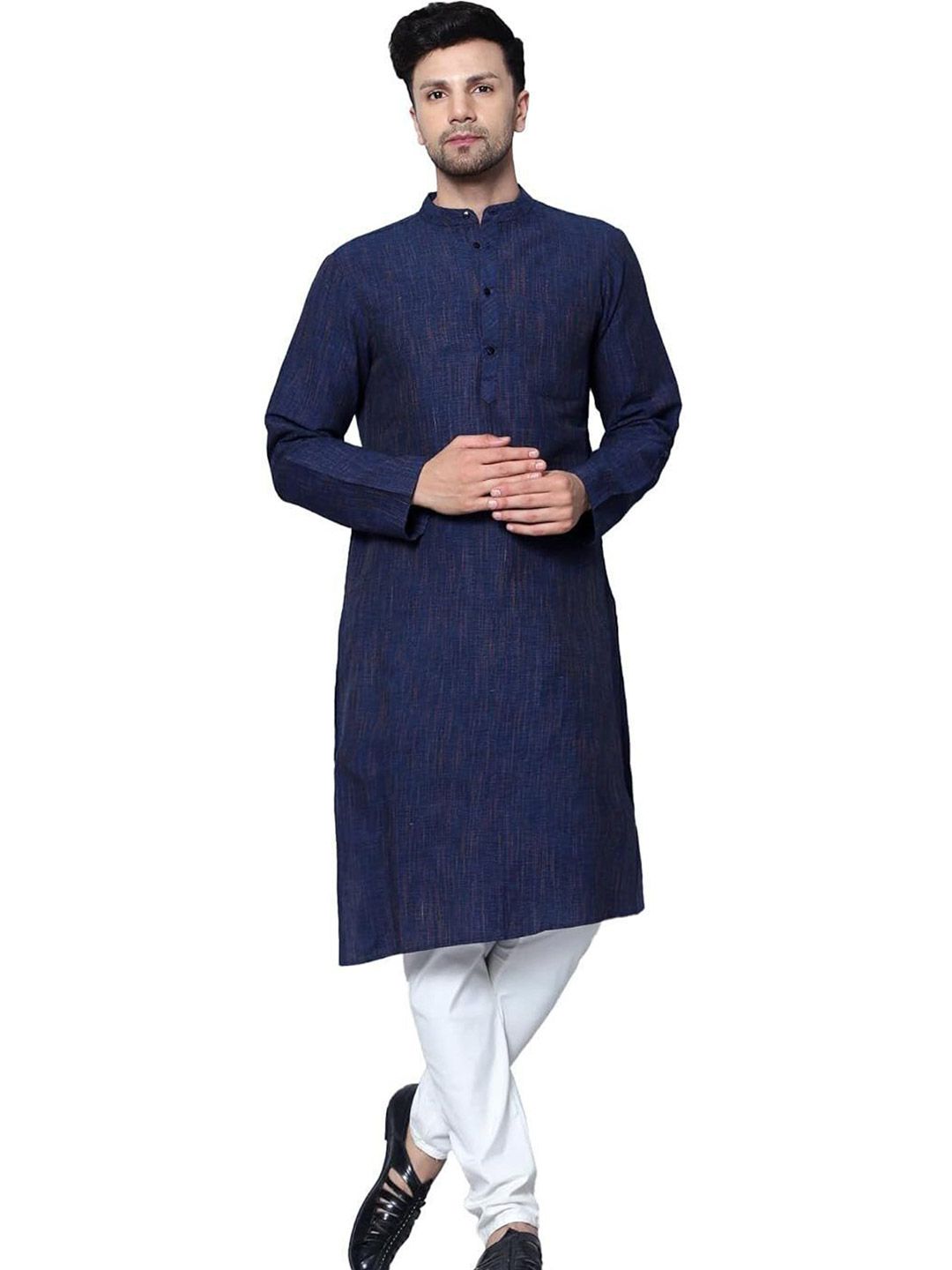 Aaryavar Striped Woven Design Mandarin Collar Thread Work Straight Kurta