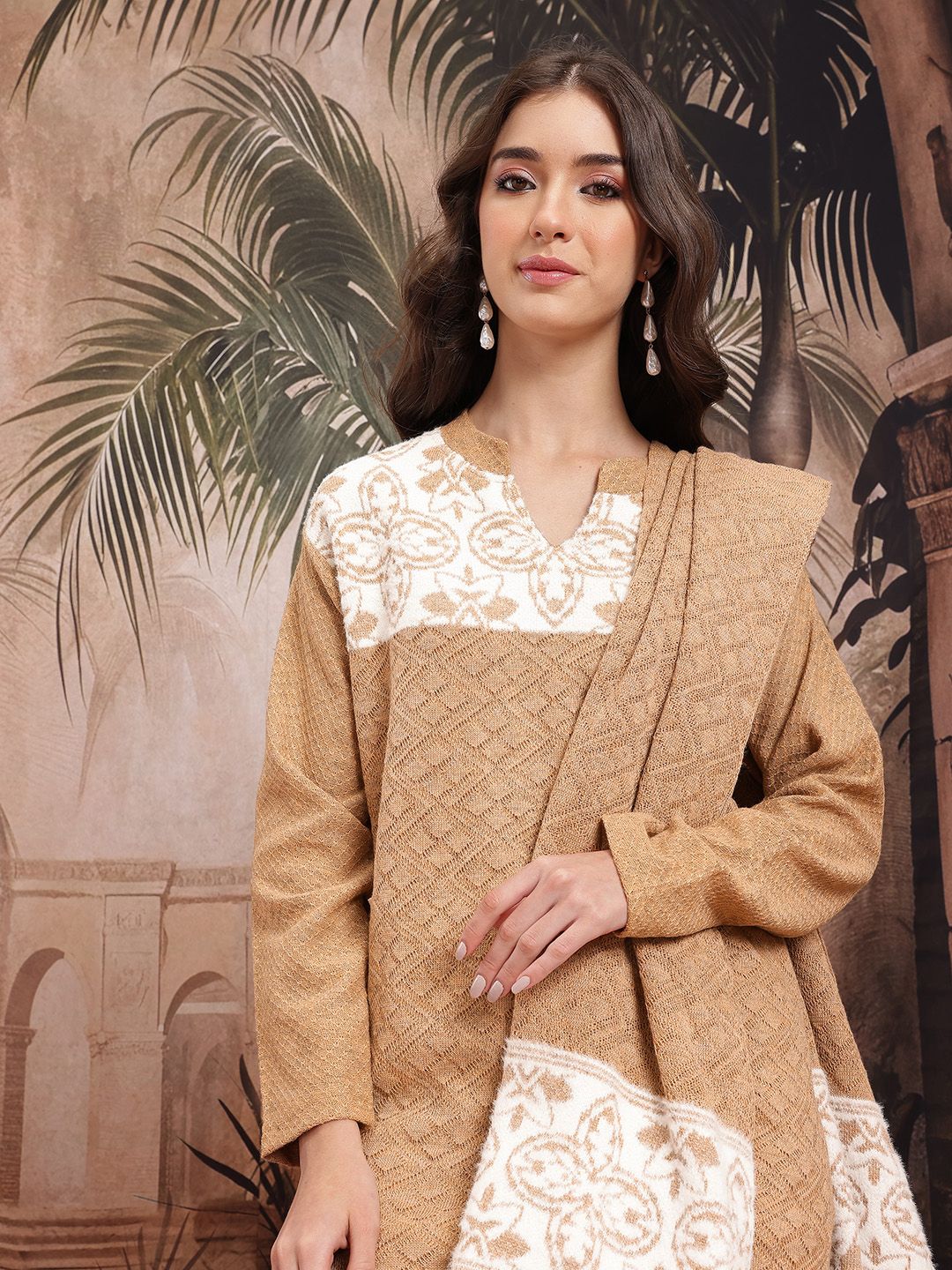 Sangria Geometric Woolen Straight Winter Kurta With Trousers & Dupatta