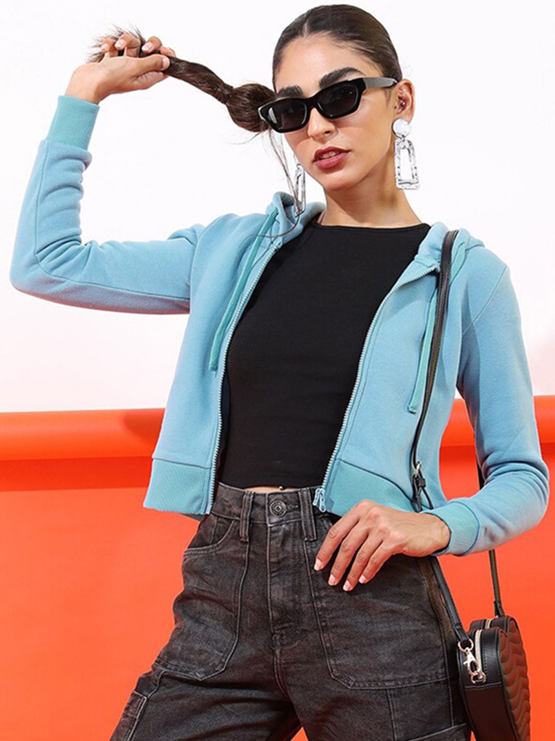 Tokyo Talkies Women Blue Hooded Sweatshirt
