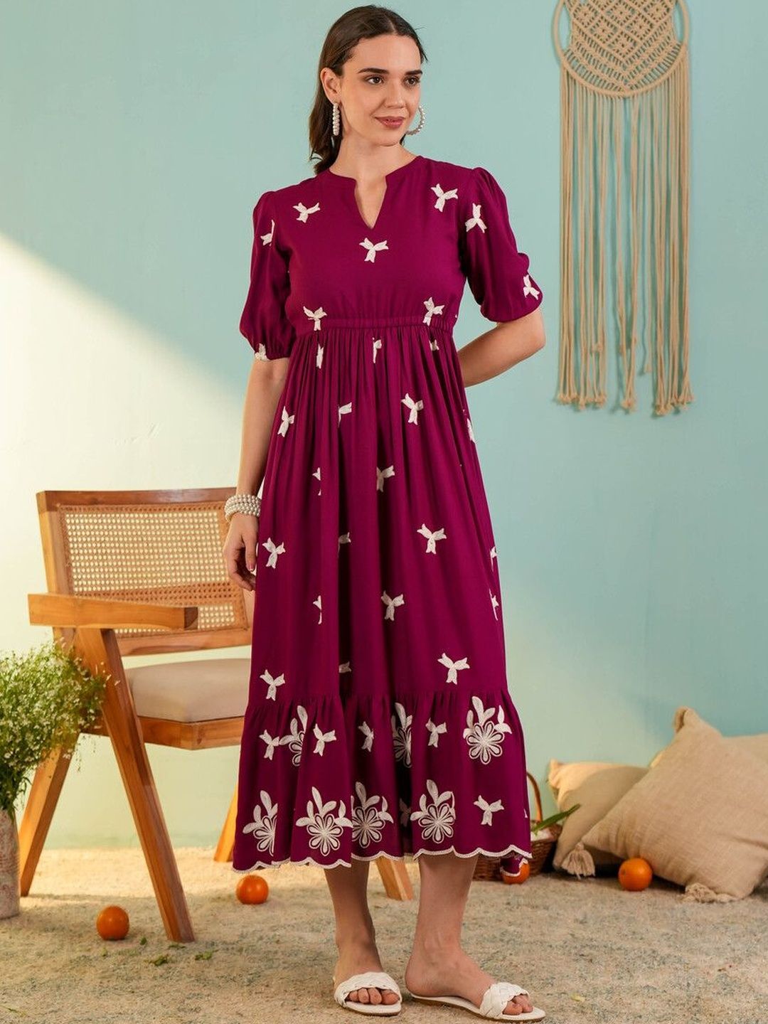OCTICS Embroidered Fit & Flare Midi Dress