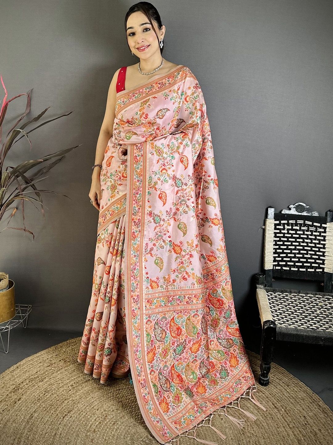 elora Pretty Pink Pashmina Silk Meenakari Weaving Madhubani Design Kashmiri Sarees