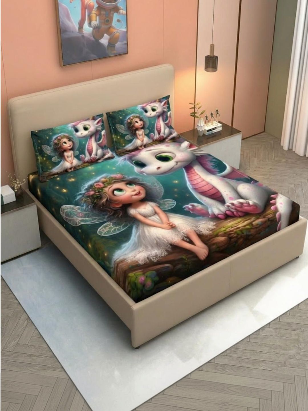 Furnish Factory Green Cartoon Characters 210 TC King Bedsheet with 2 Pillow Covers