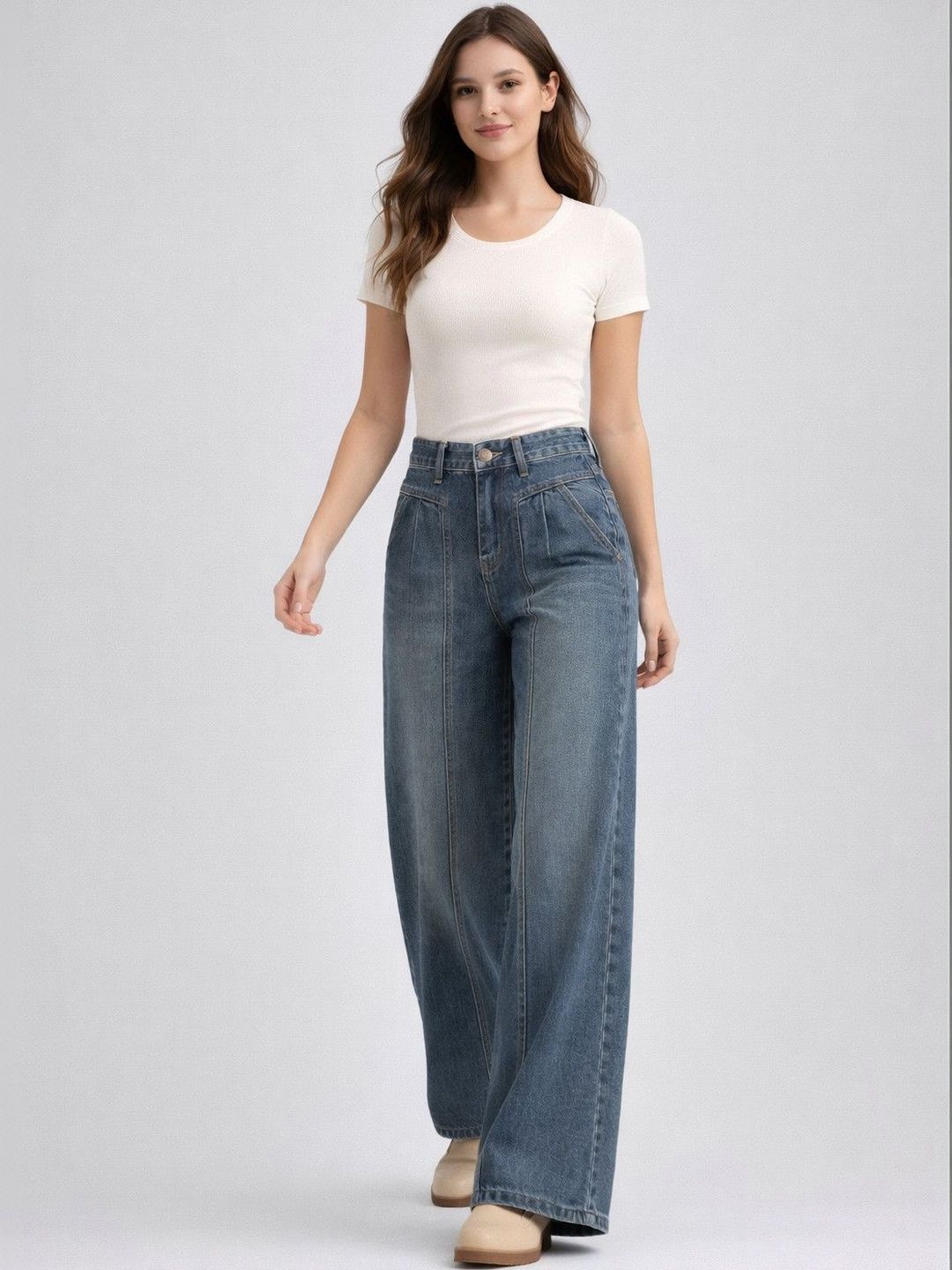 Women Cotton Mid-Rise Baggy Jeans 6
