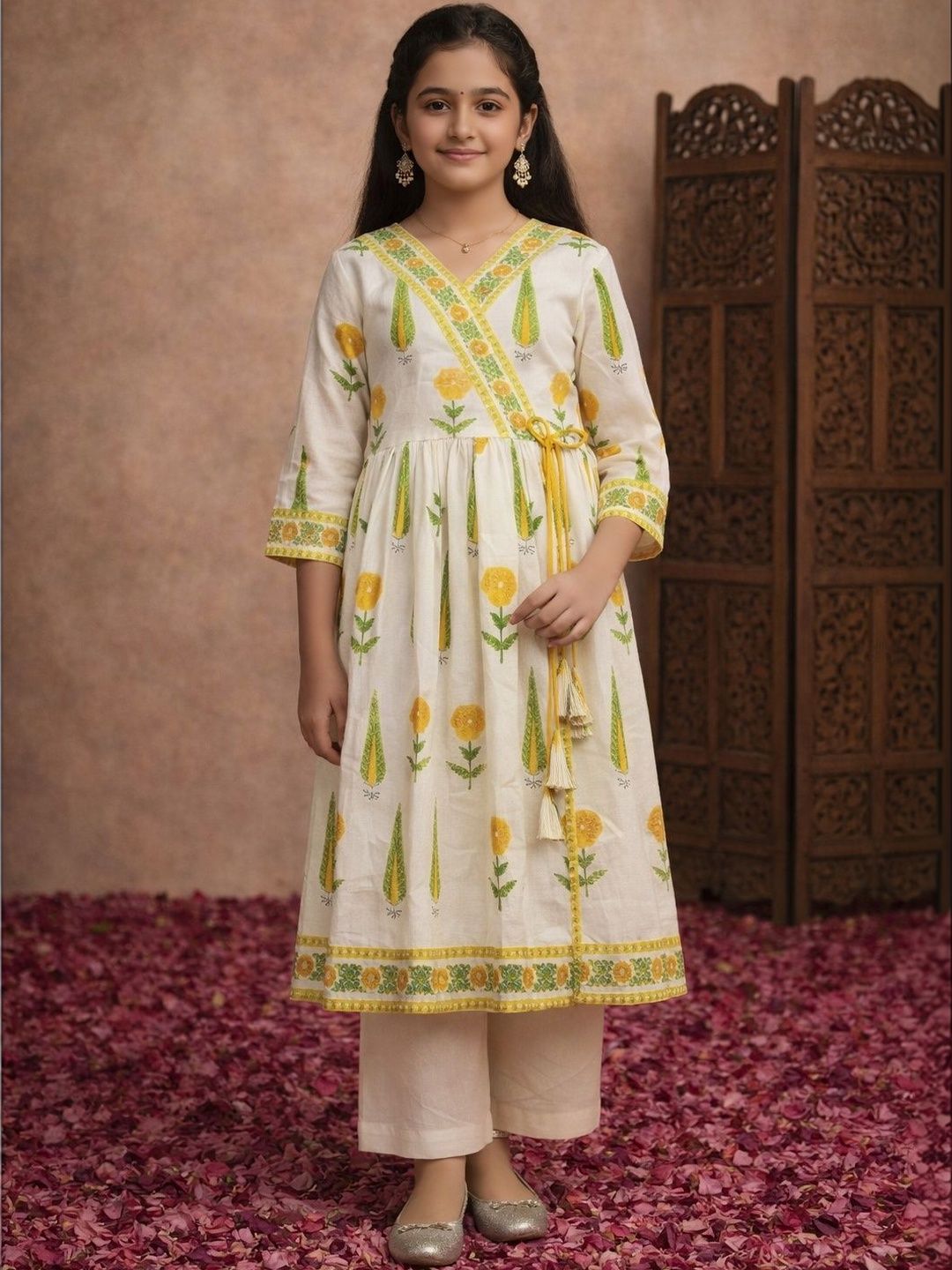 Sangria Girls Printed Pure Cotton V-Neck Calf Length A-Line Kurta