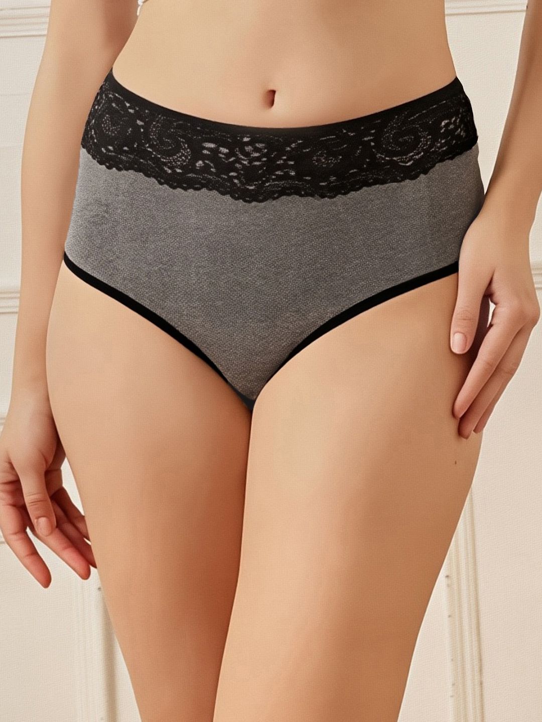 Clovia Women Charcoal Grey & Black Self Design Hipster Briefs PN3301S13