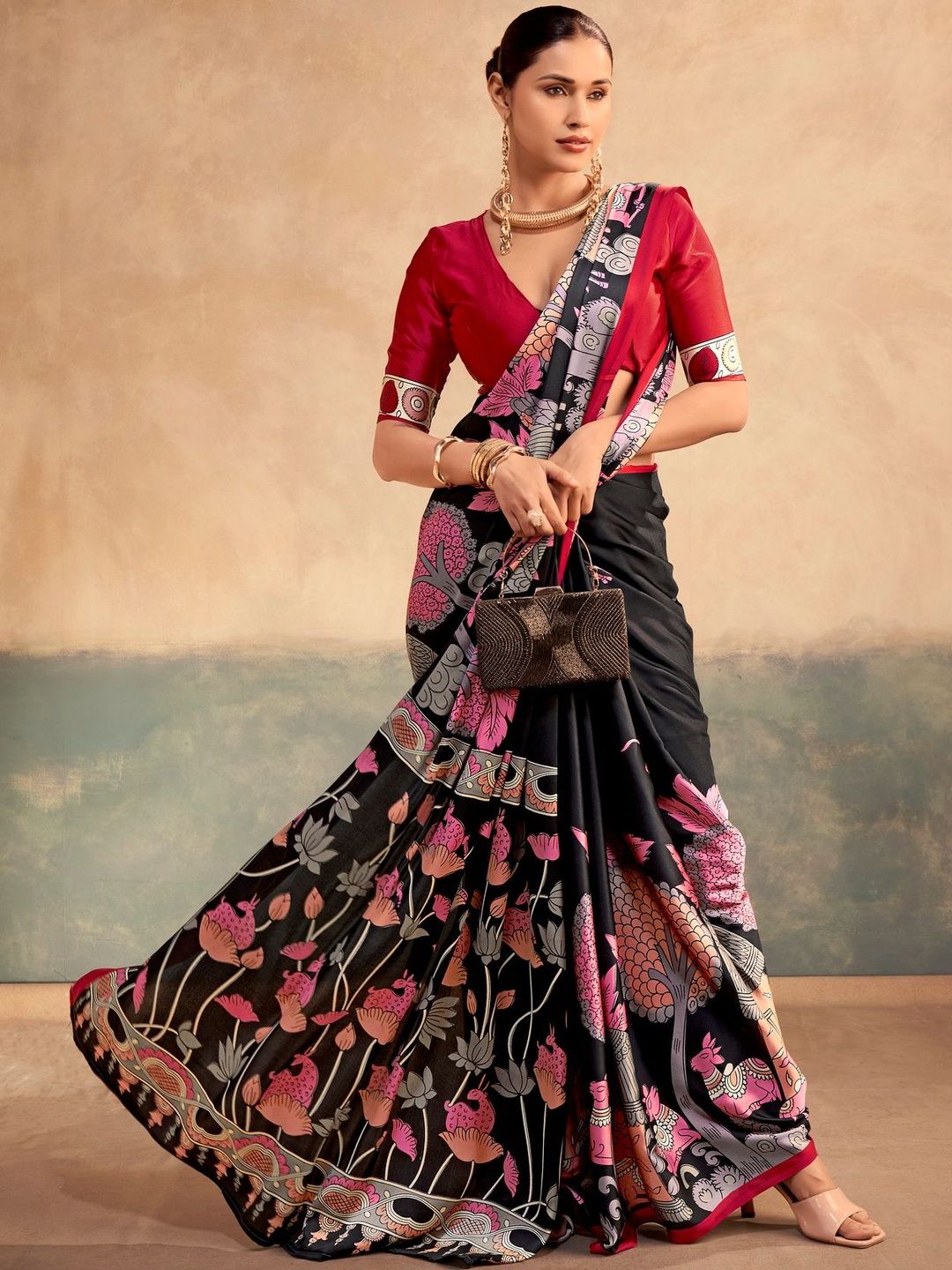 MADHAVPRIYA Red Printed Satin Silk Unstitched Blouse Sarees