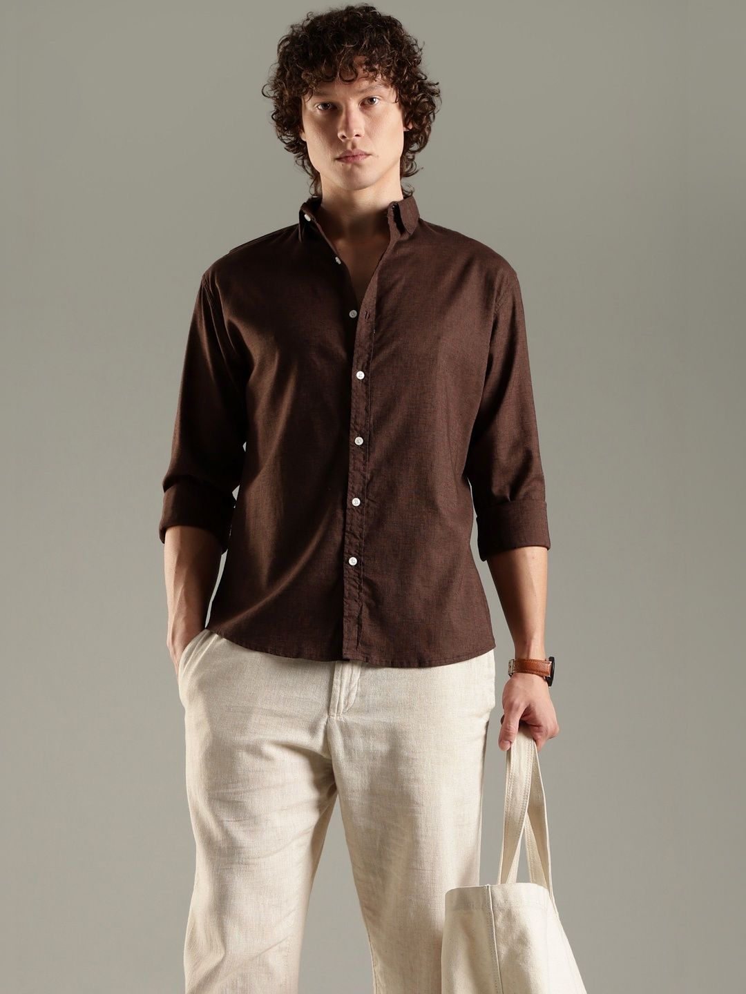 CreekLife Men's Brown Casual Cotton Linen Shirt