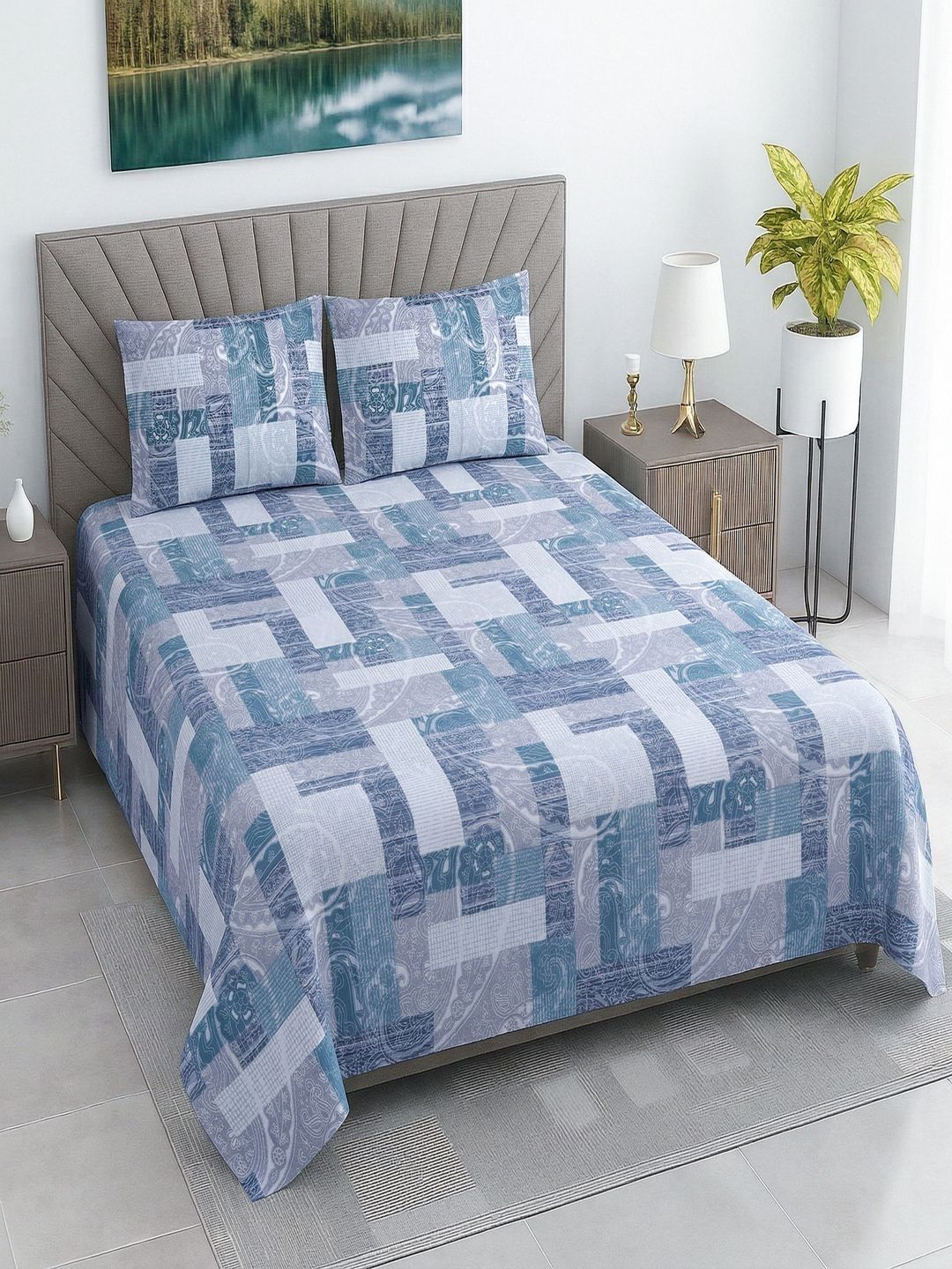 Threadwear Multicoloured Geometric 400 TC Bedsheet with 2 Pillow Covers