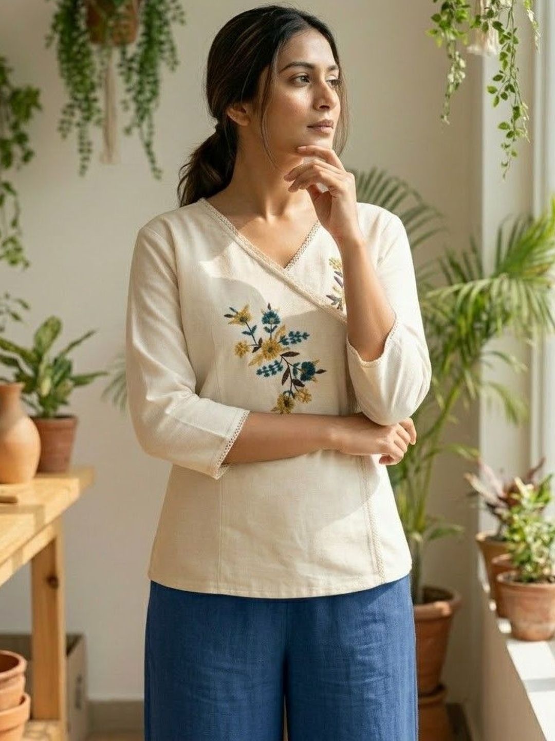 YOELLA Floral Embroidered Organic Cotton Top