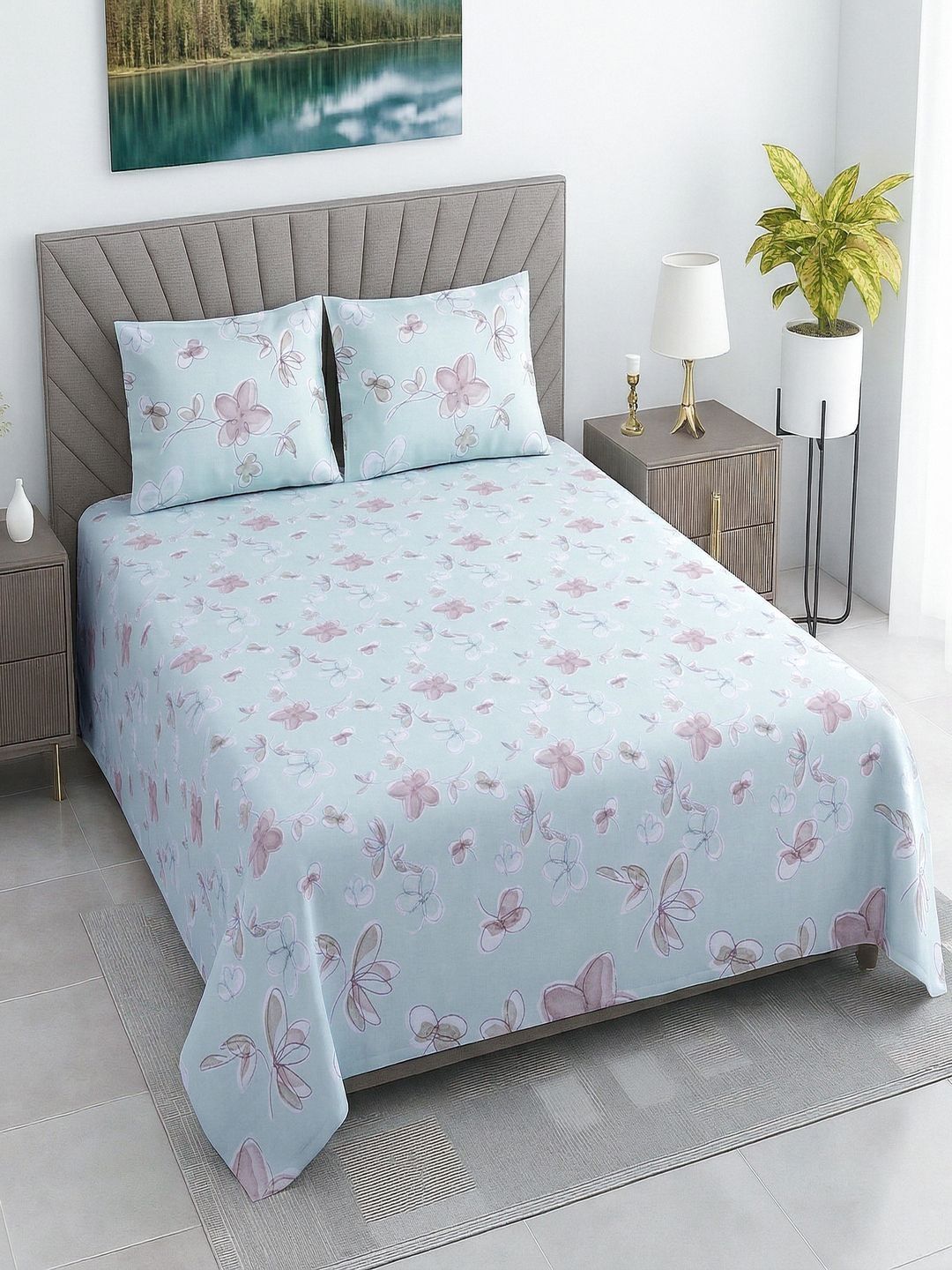 Threadwear Green Floral 400 TC Bedsheet with 2 Pillow Covers