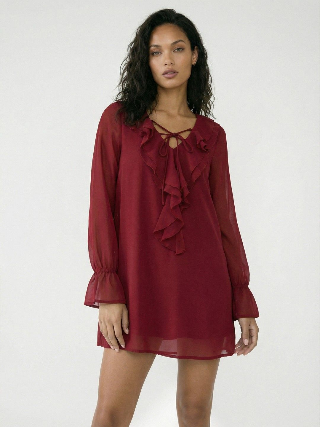 glitchez Tie-Up Neck Flared Sleeve Ruffled A-Line Mini Dress