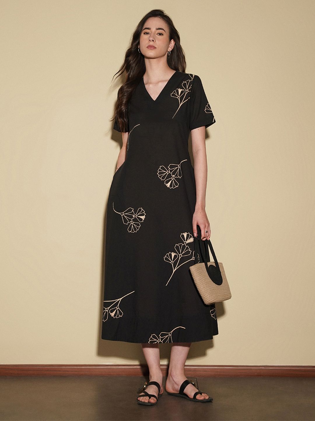 Pink Fort Cotton Floral Midi Fit & Flare Dress