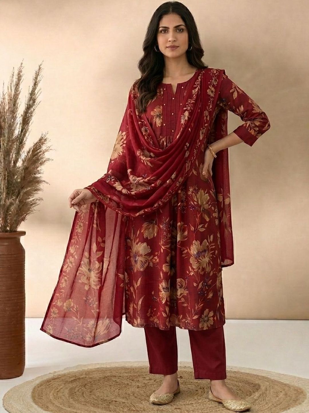 Anouk Women Floral Printed Regular Chanderi Silk Kurta with Trousers & With Dupatta