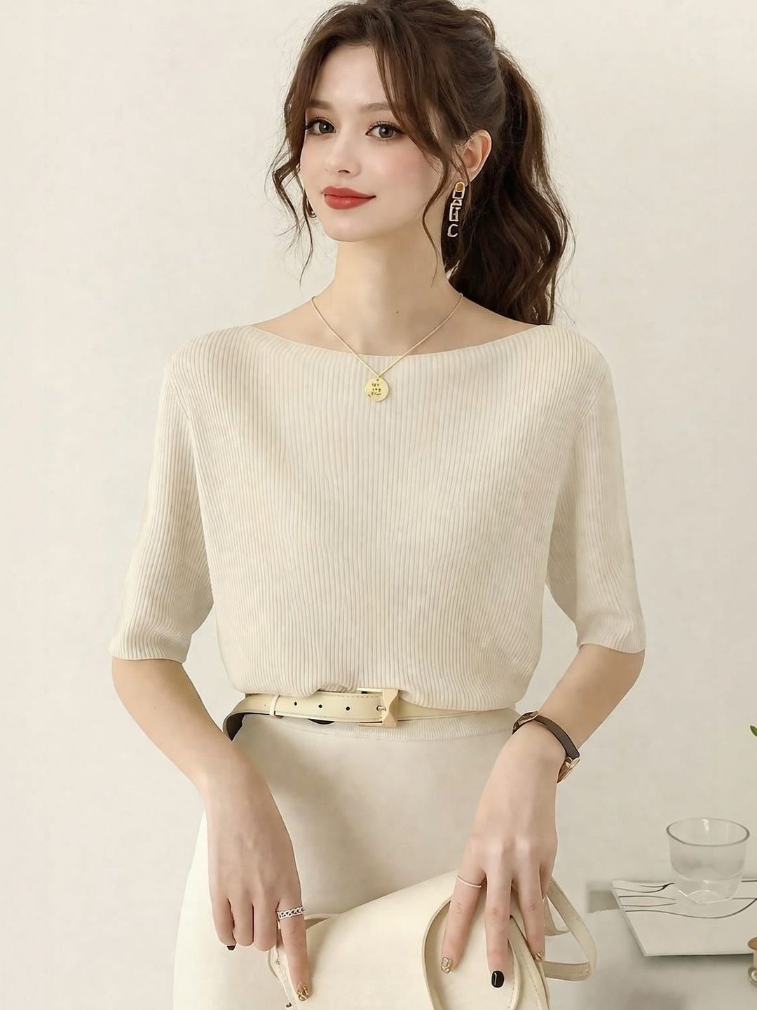 Cream Boat Neck Regular Fit T-shirt