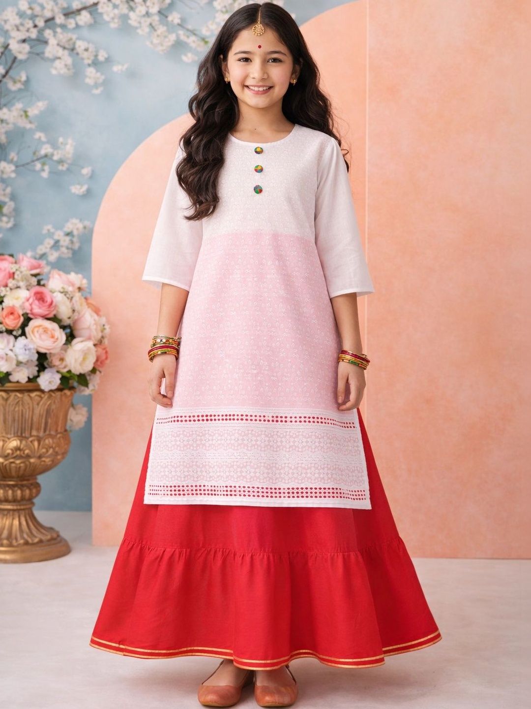 KALINI Girls Cotton Ethnic Motifs Round Neck Kurta