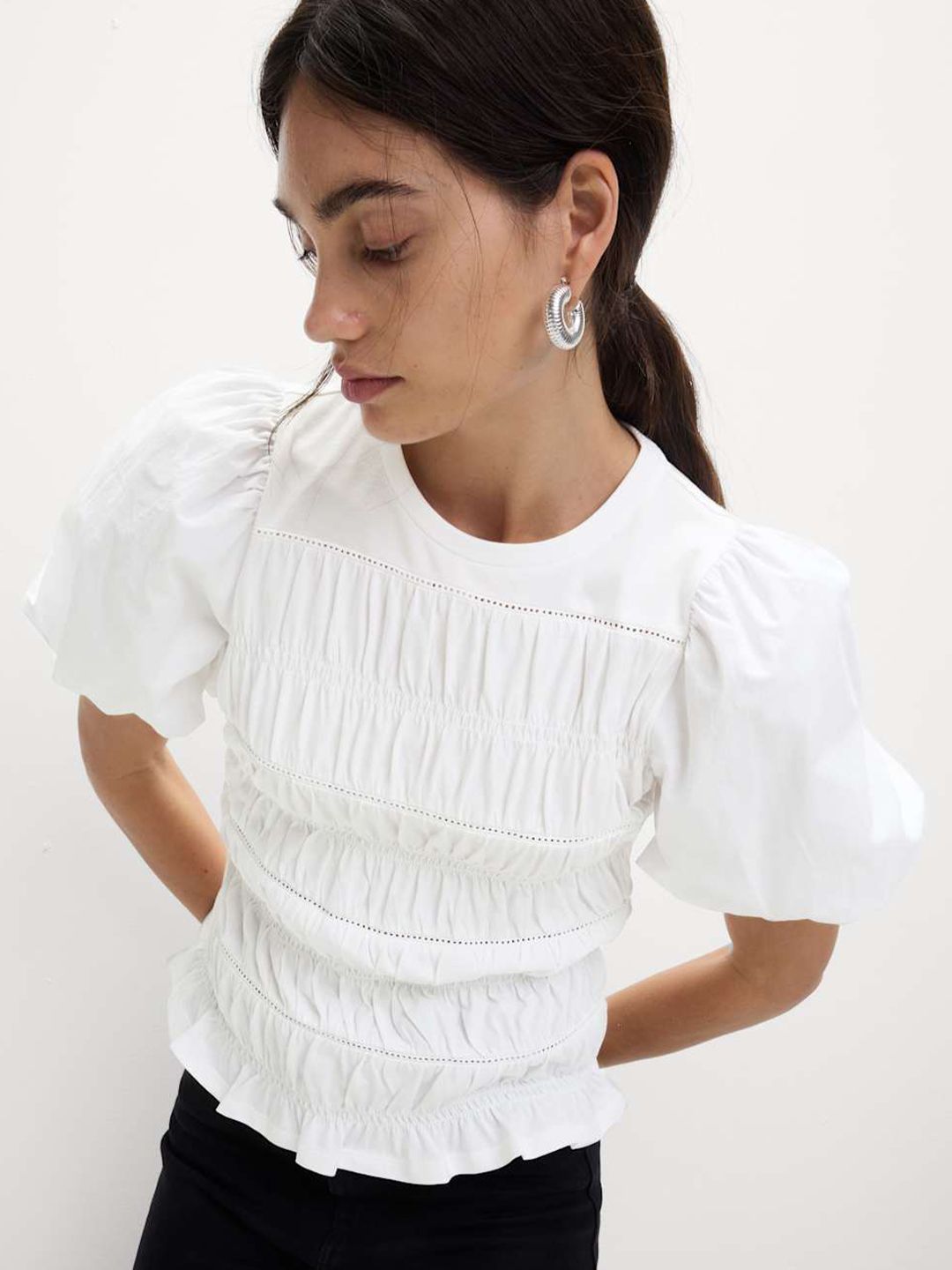 Marks & Spencer Pure Cotton Jersey Smocked Puff Sleeve Top