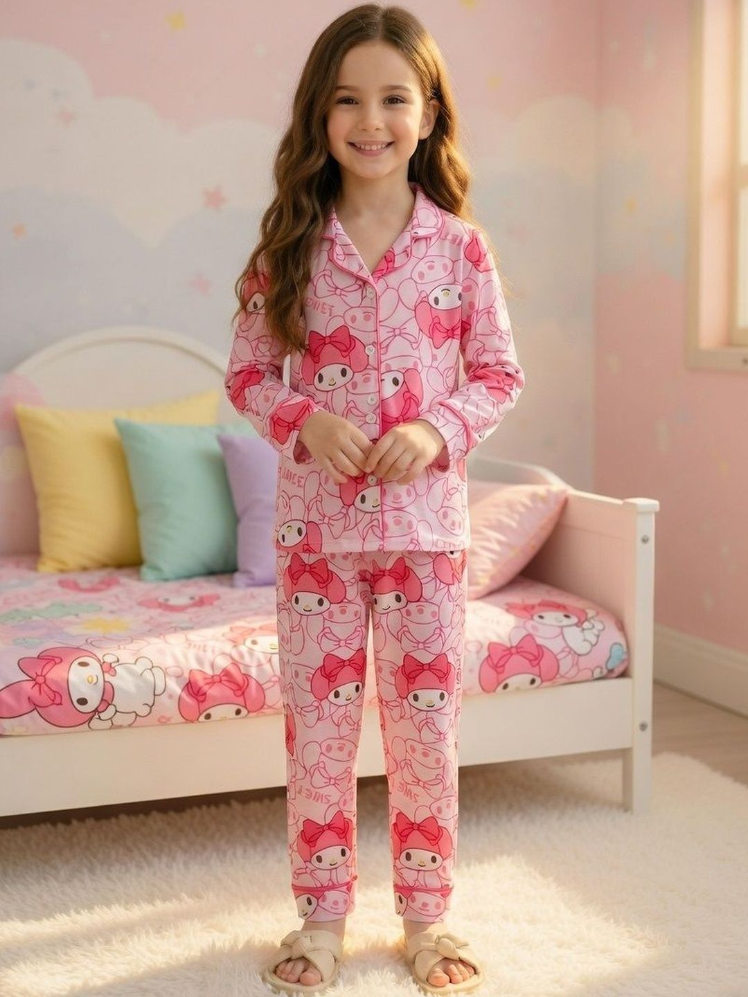 4JSTAR Girls Printed Lapel Collar Cotton Night suit