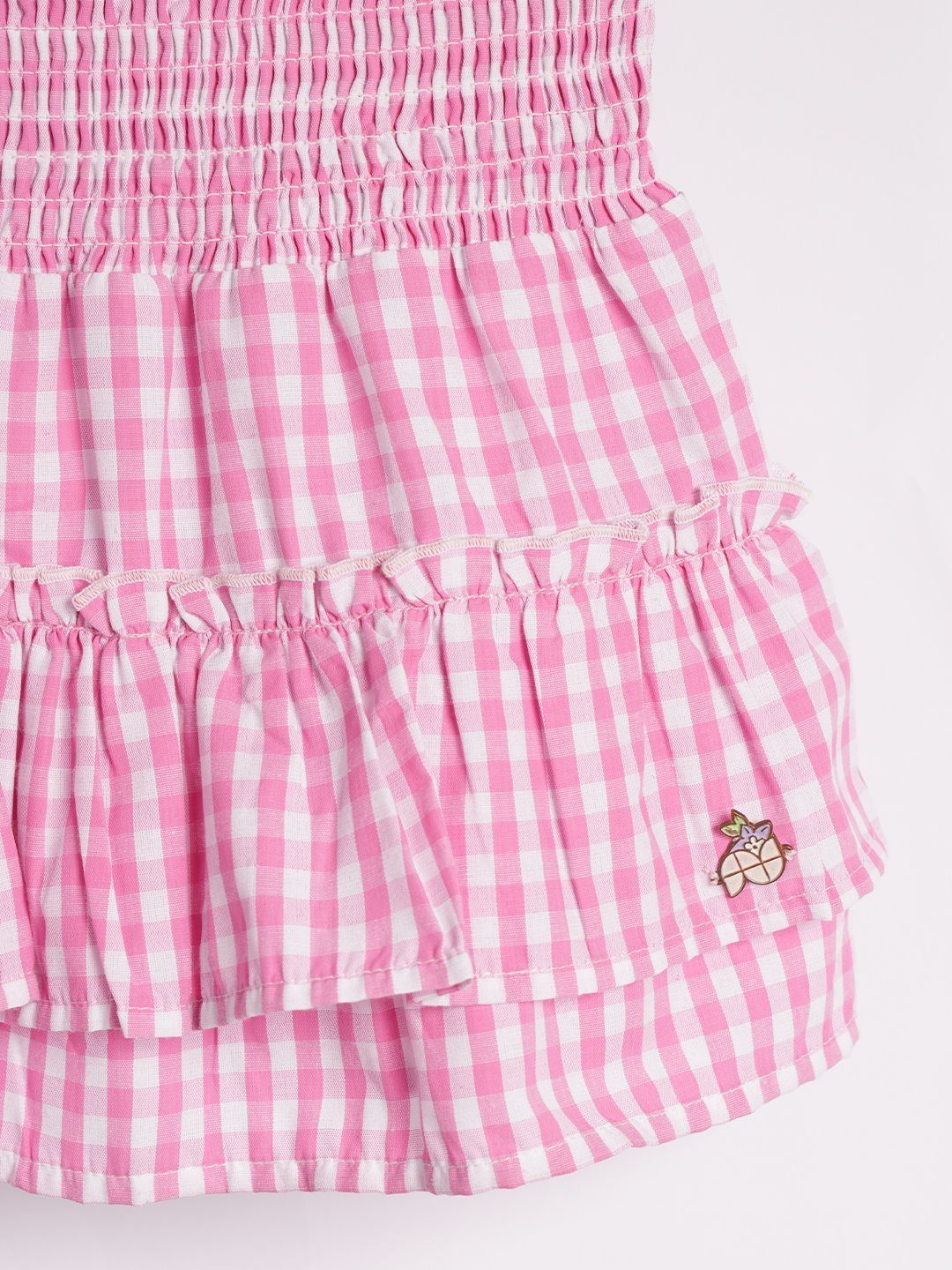 Girls Pink Checked Tiered Ruffle Cotton Elastic Waist Skirt 7