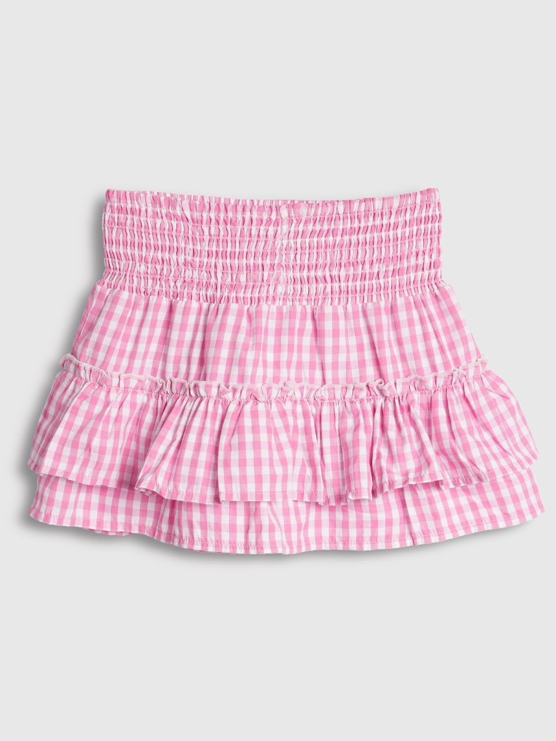 Girls Pink Checked Tiered Ruffle Cotton Elastic Waist Skirt 6