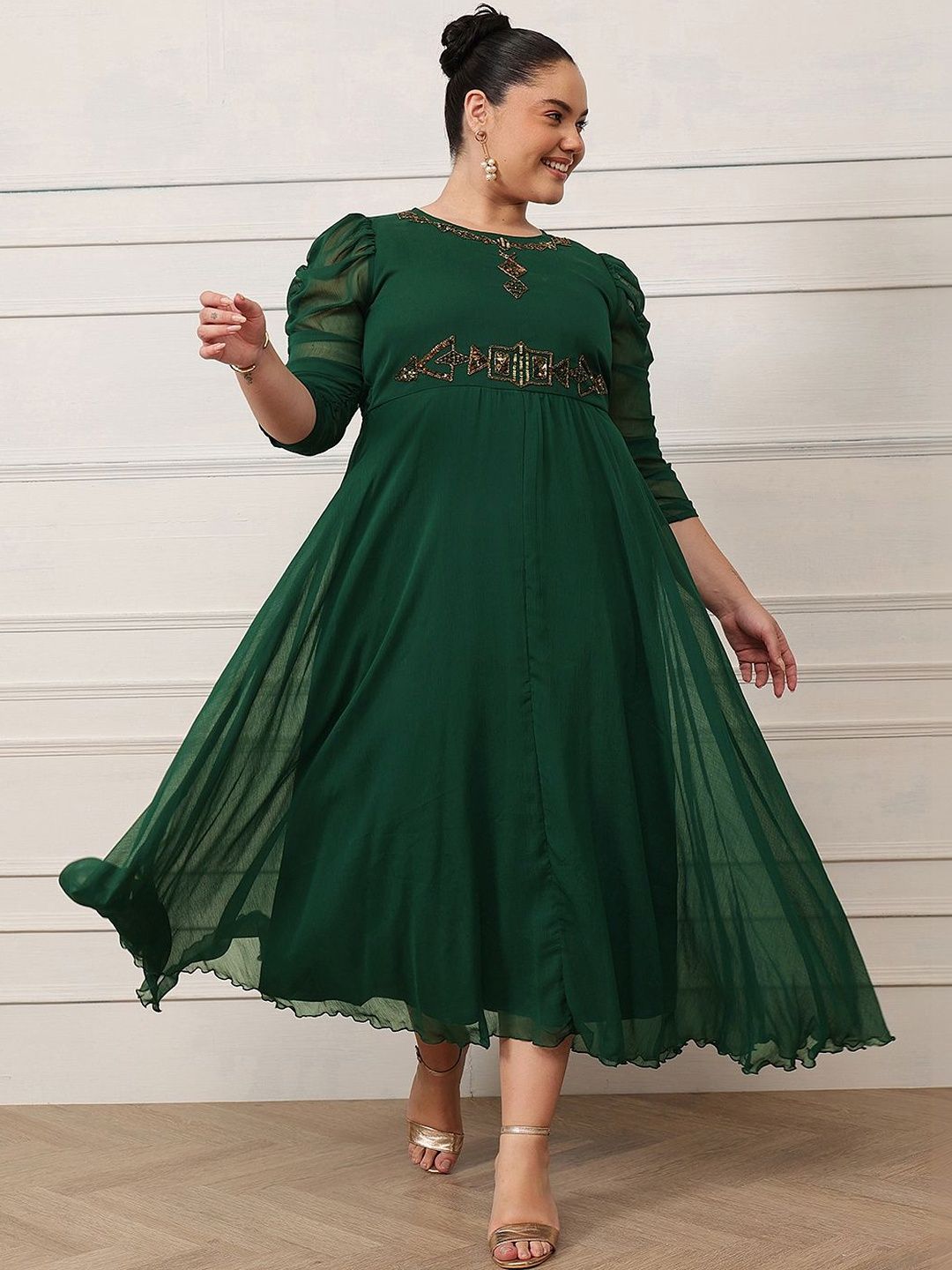 Antheaa Curve Puff Sleeve Embellished Chiffon A-Line Midi Dress