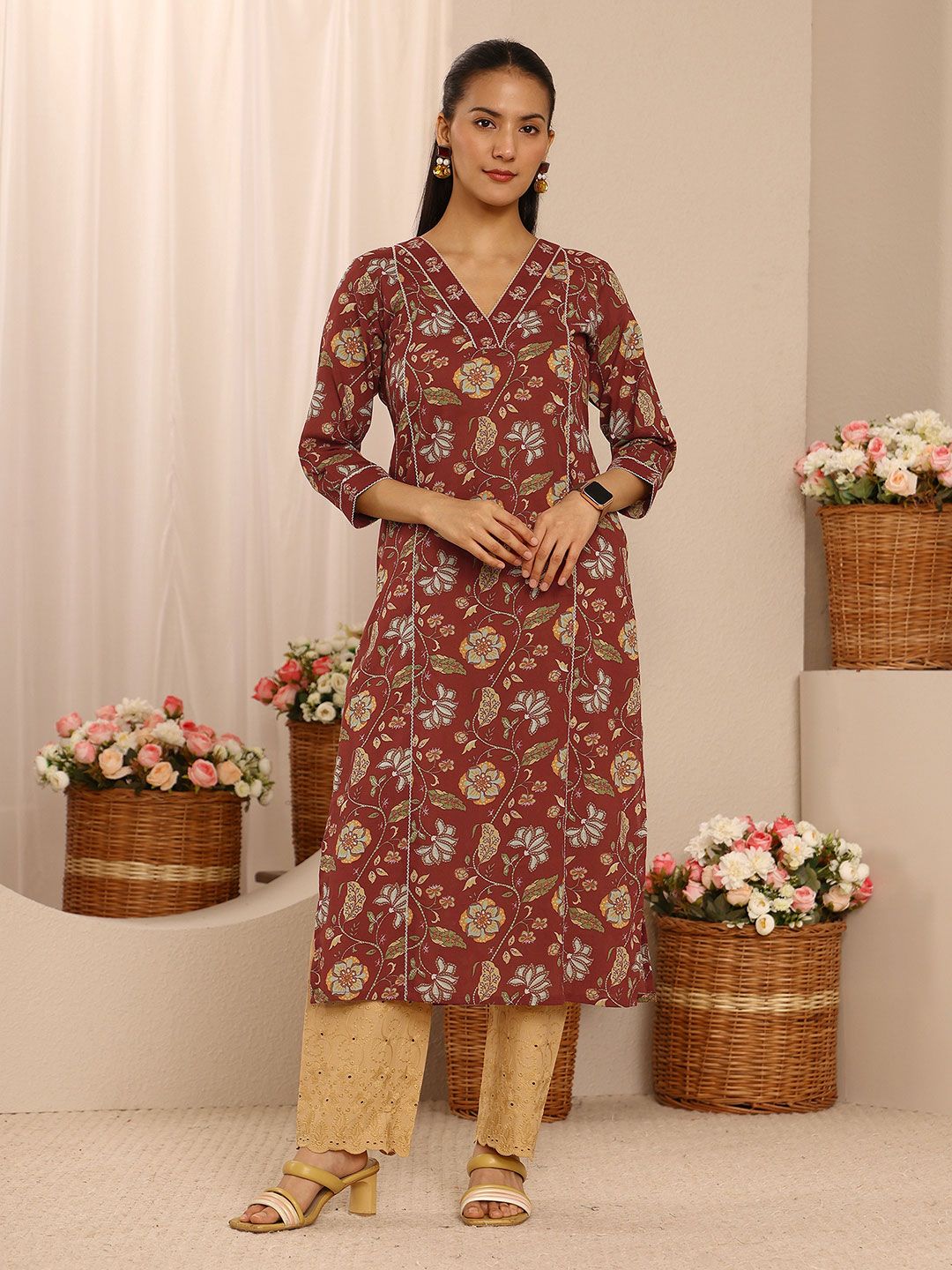 Libas Brown Floral Printed Cotton Straight Kurta