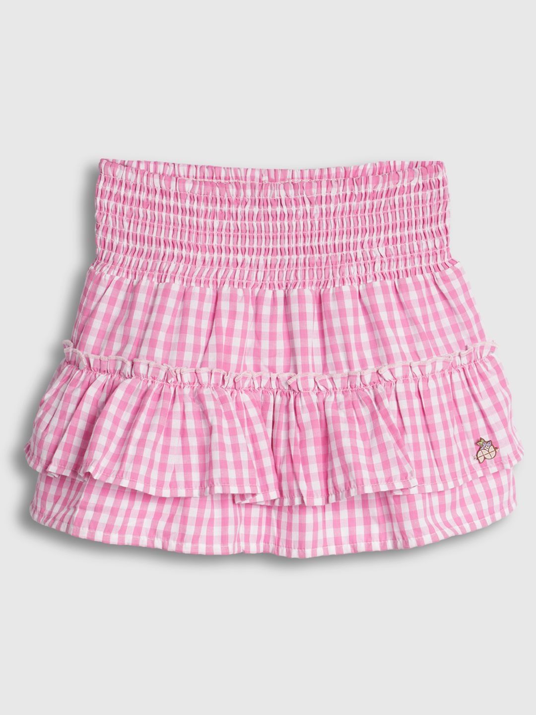 Girls Pink Checked Tiered Ruffle Cotton Elastic Waist Skirt 3