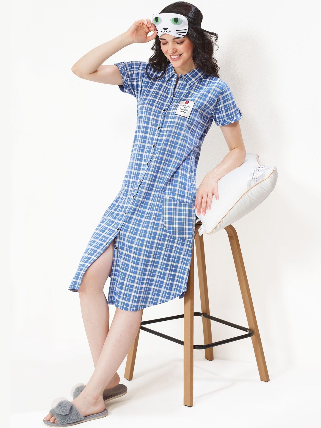 Lotik Checked Mandarin Collar Nightdress