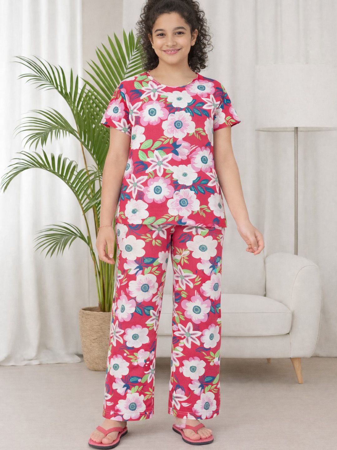 Ninos Dreams Girls Pink Floral Printed Pure Cotton Top & Pyjama Night suit