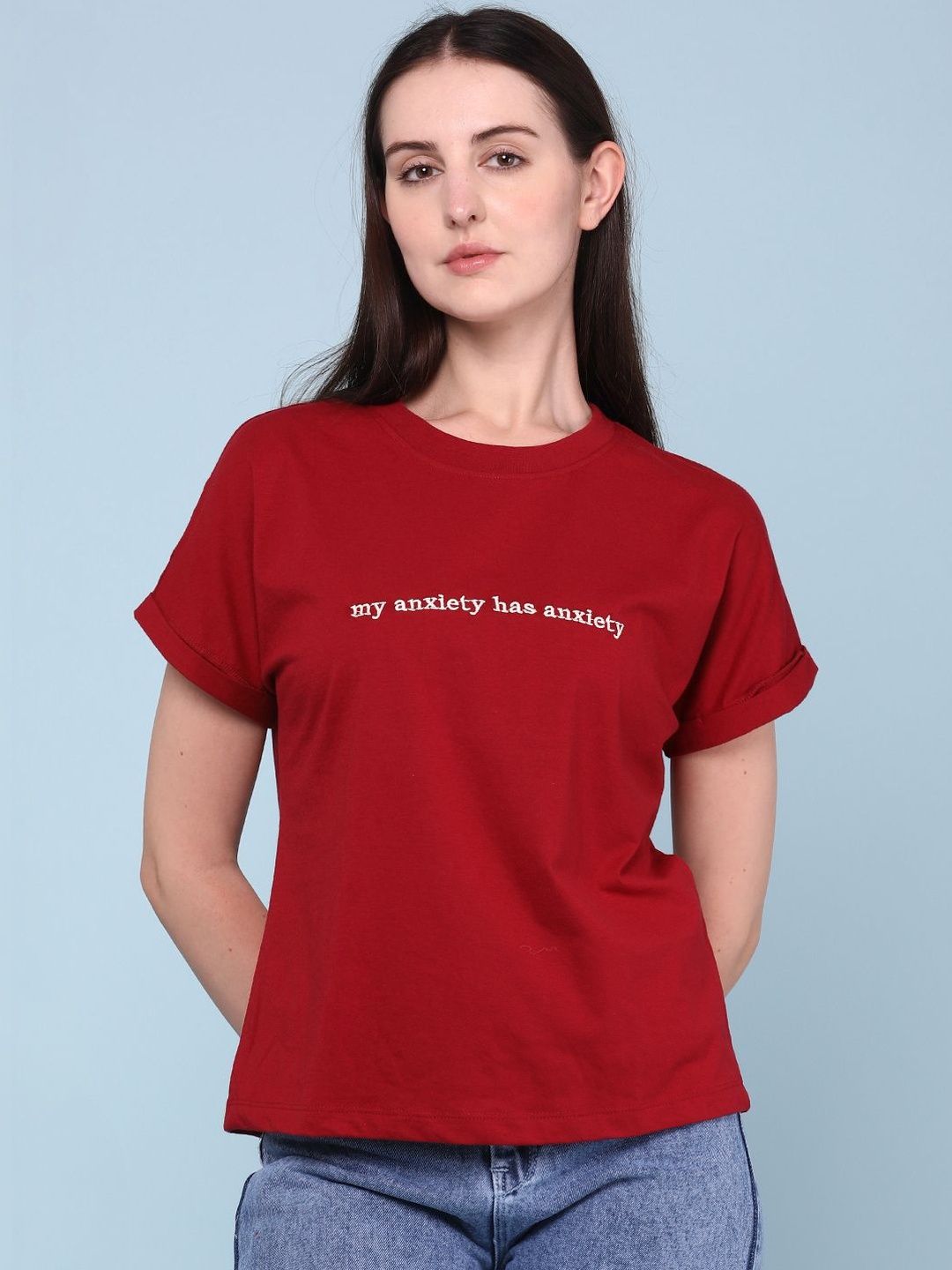 LIMEROAD Women Typography Printed Roll-Up Sleeves T-shirt